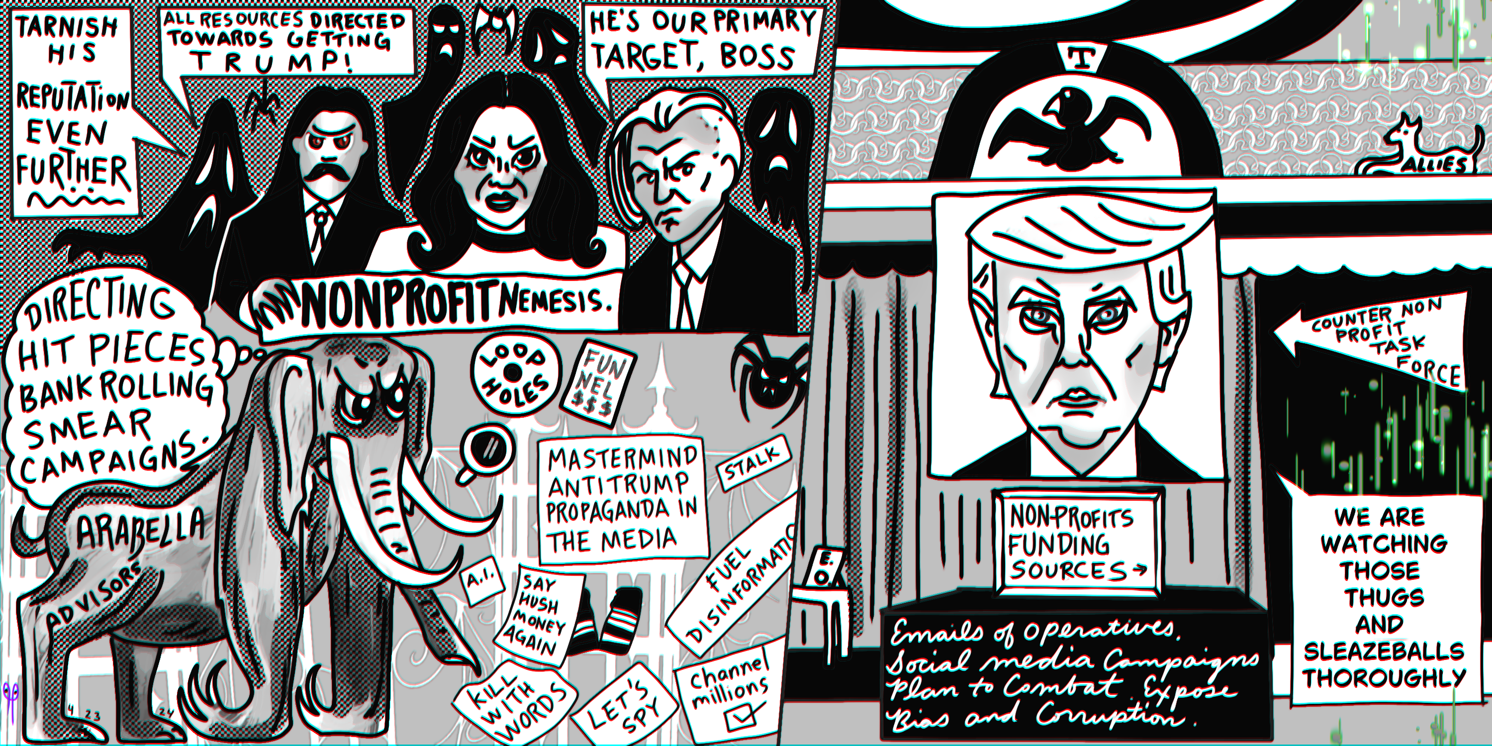 President Donald Trump 🍑 political cartoon Non-profits Arabella advisors post thumbnail image